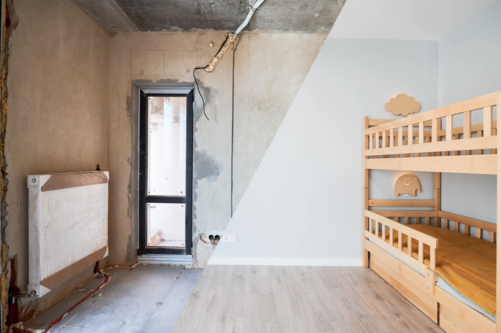 Vorher-Nachher-Darstellung eines Wohnraums mit Rohbauzustand und fertigem Kinderzimmer durch Innenausbau