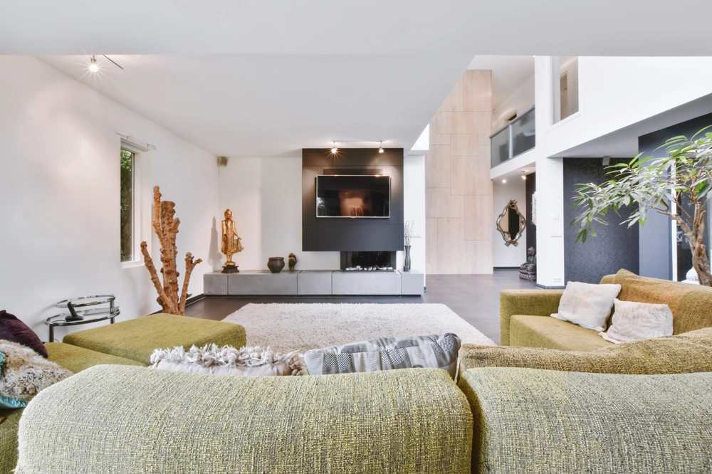 Moderner offener Wohnraum mit grünem Sofa, TV-Wand, Teppichboden und Pflanzen – Wohnraumgestaltung