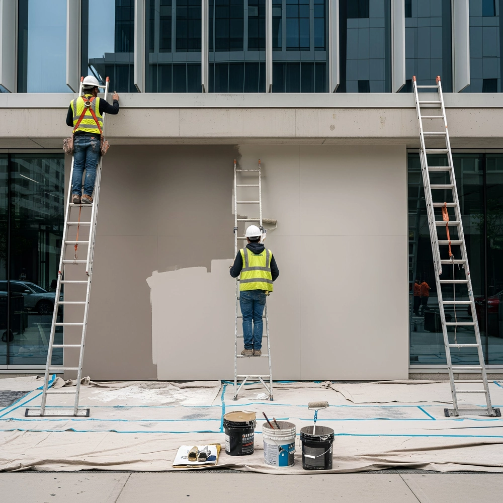 Zwei Handwerker in Warnwesten streichen Hausfassade mit Farbrolle auf Leitern – Malerarbeiten