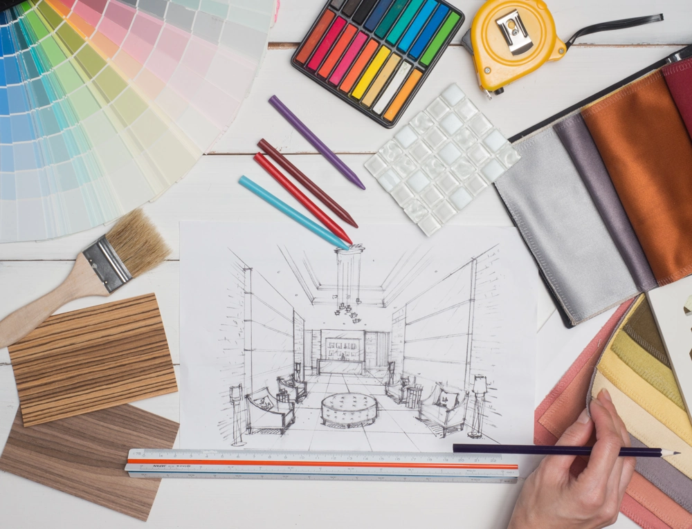 Arbeitsplatz mit Innenraumzeichnung, Farbfächern, Materialmustern und Zeichenwerkzeugen für Innenarchitektur
